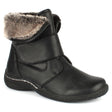 Black vegan winter boot with waterproof synthetic upper, adjustable Velcro strap, cozy pile lining, and rugged TPR sole rated for -20°C cold weather. Style #T17656-B20