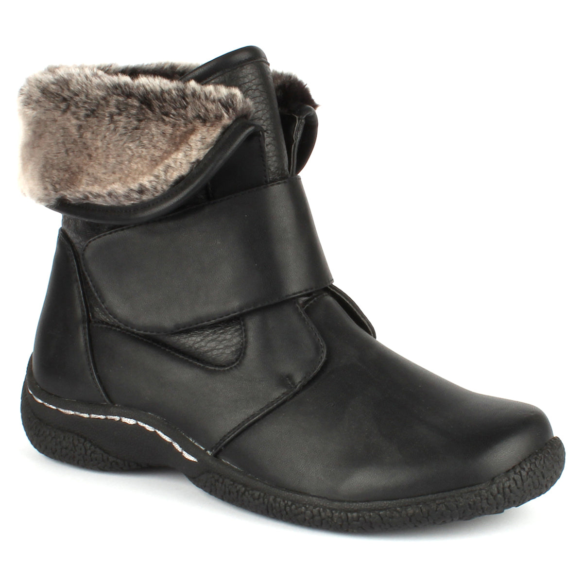 Black vegan winter boot with waterproof synthetic upper, adjustable Velcro strap, cozy pile lining, and rugged TPR sole rated for -20°C cold weather. Style #T17656-B20