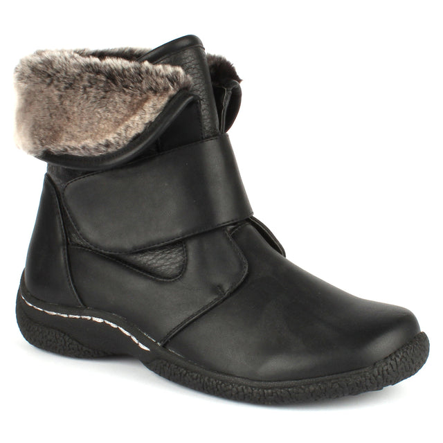 Black vegan winter boot with waterproof synthetic upper, adjustable Velcro strap, cozy pile lining, and rugged TPR sole rated for -20°C cold weather. Style #T17656-B20