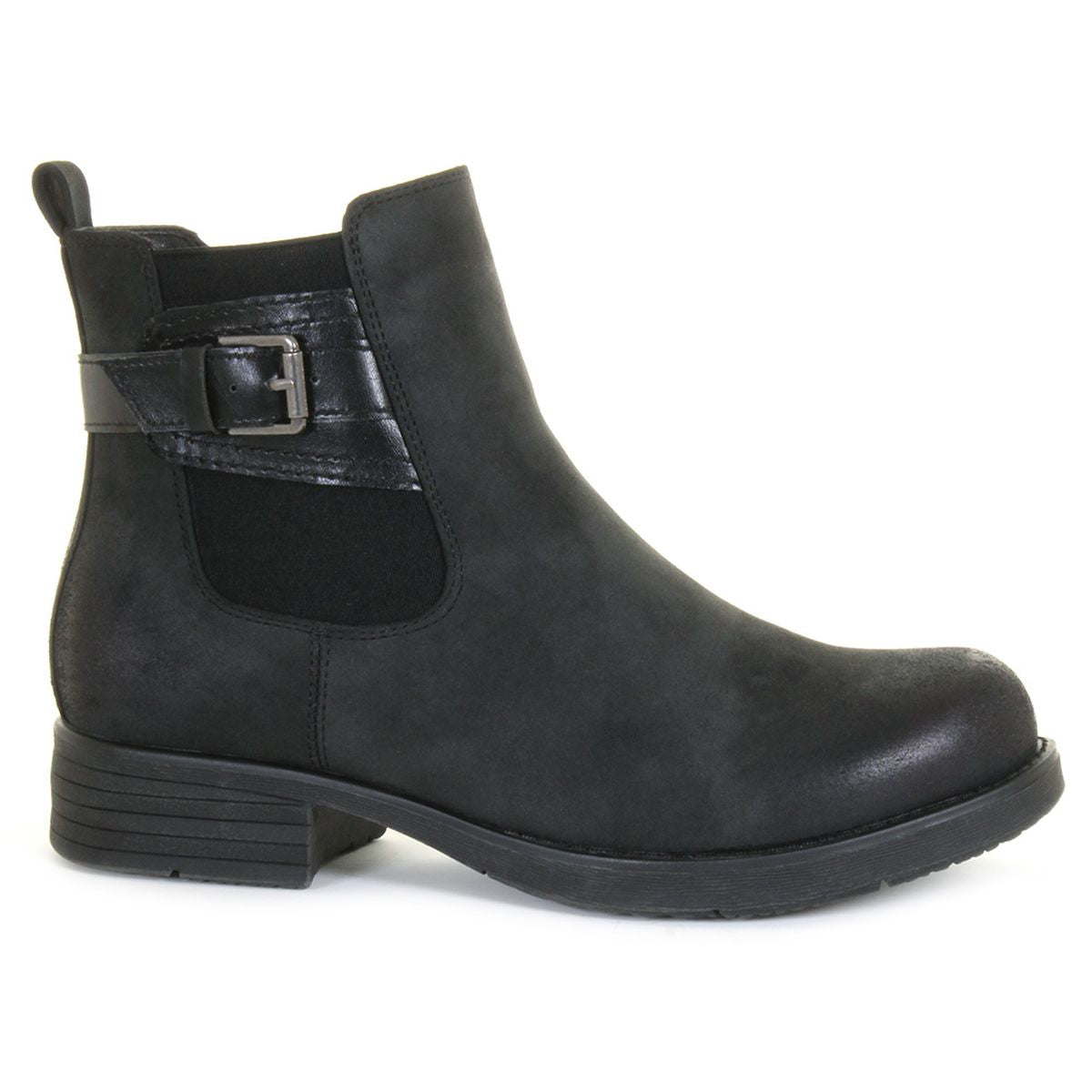 Low-cut black winter boot with waterproof distressed finish, side zipper, stretch gore, and stylish buckle; lined with plush pile and Warmtex insert for insulation. Style #T22744-B20