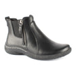 Low black ankle boot with dual side zippers, waterproof synthetic upper, and subtle heel; features elastic gore panels and warm lining for winter comfort. Style #T19617-B20