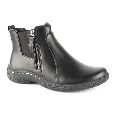 Low black ankle boot with dual side zippers, waterproof synthetic upper, and subtle heel; features elastic gore panels and warm lining for winter comfort. Style #T19617-B20