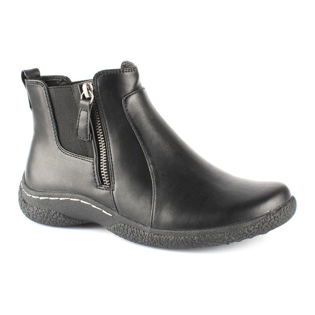 Low black ankle boot with dual side zippers, waterproof synthetic upper, and subtle heel; features elastic gore panels and warm lining for winter comfort. Style #T19617-B20