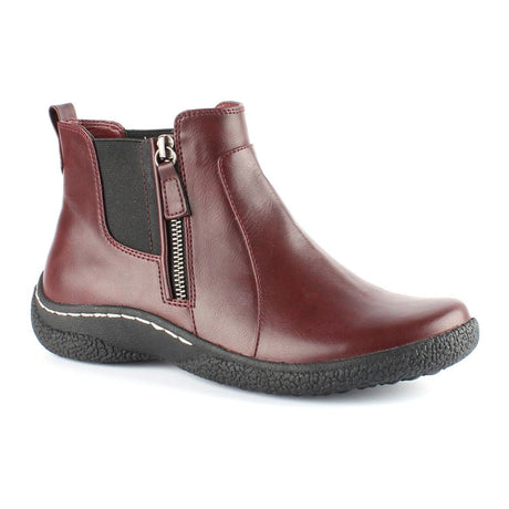 Burgundy ankle boot with dual zippers and round toe; features waterproof vegan upper, elastic gore panels, and durable tread for winter-ready wear. Style #T19617-B82