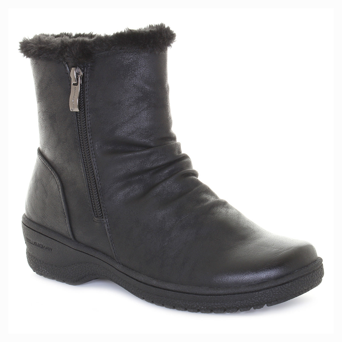 Black ankle boot with dual side zippers and a sleek design; features waterproof synthetic upper and cozy pile lining for warm, easy winter wear. Style #T21621-B20