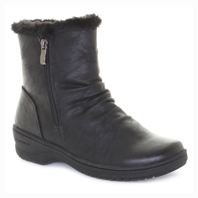 Black ankle boot with dual side zippers and a sleek design; features waterproof synthetic upper and cozy pile lining for warm, easy winter wear. Style #T21621-B20