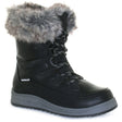 Black midheight winter boot with fur collar, lace-up front, and side zipper; features waterproof construction, thick insulation, and muted stitching for warmth and style. Style #T22767-B20