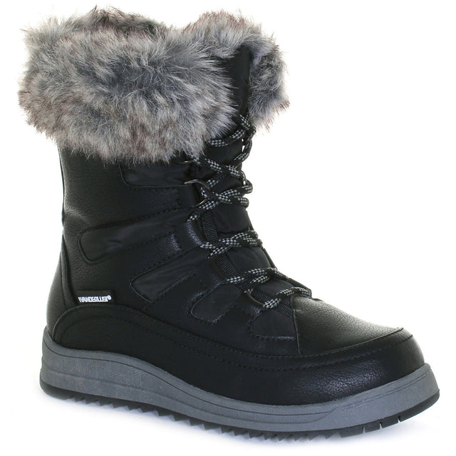 Black midheight winter boot with fur collar, lace-up front, and side zipper; features waterproof construction, thick insulation, and muted stitching for warmth and style. Style #T22767-B20