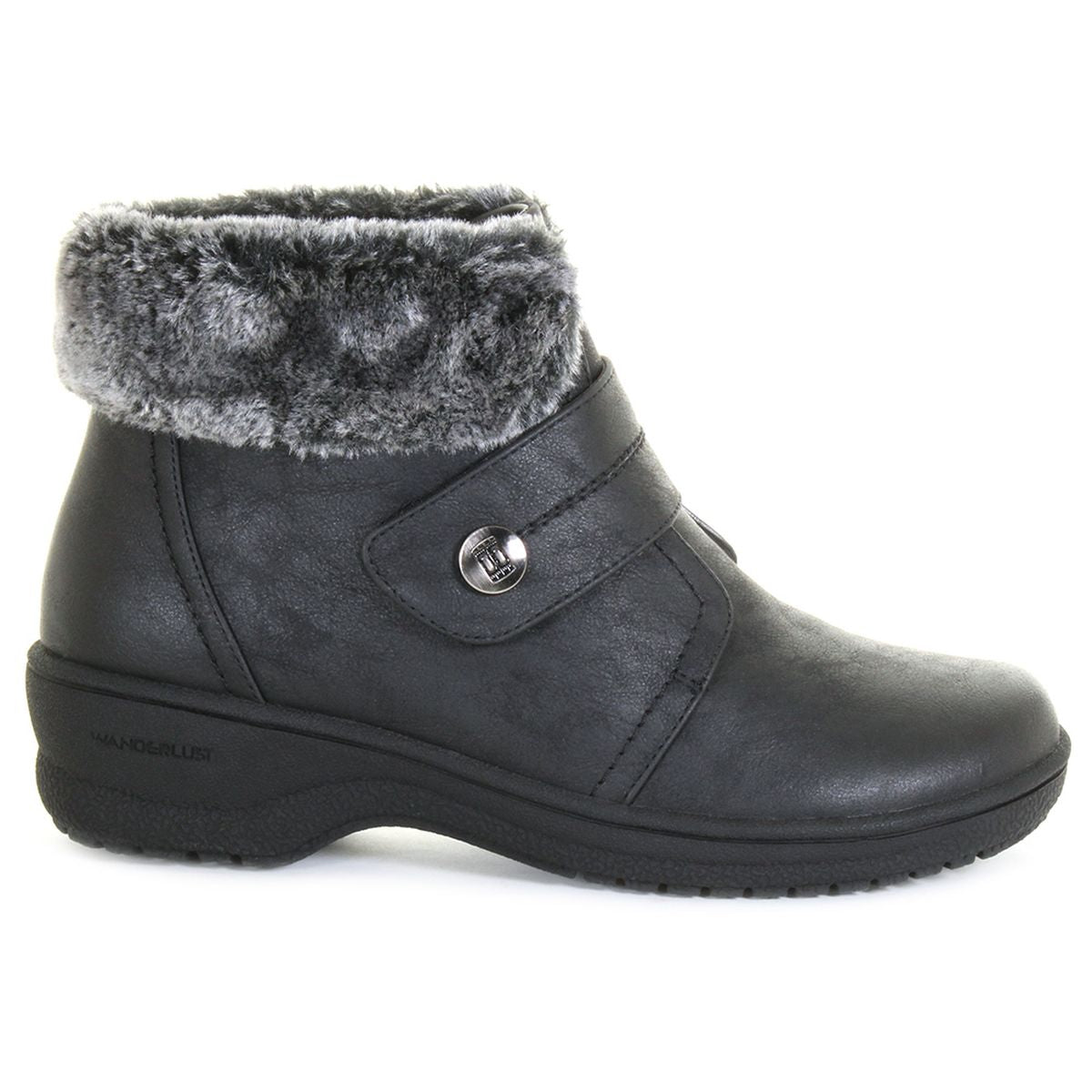 Wanderlust Perth Velcro Black Boot in distressed black vegan leather-look finish, featuring front Velcro strap, lace-up detail, mid-height shaft, and rugged winter outsole. Style #T21646-B20