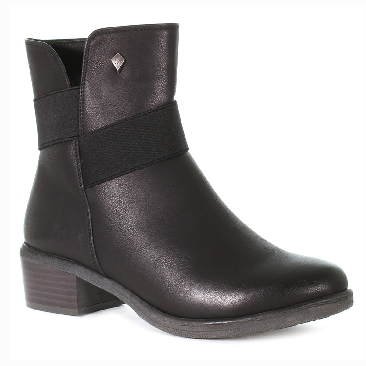 Black women’s midheight boot with a waterproof distressed finish, riding-style heel, side zipper, and soft lining for versatile wear in fall, winter, and spring. Style #T21625-B20