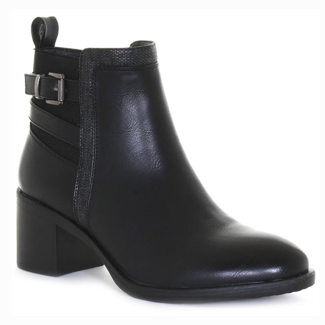 Black women’s midheight walking boot with waterproof vegan leather, side zipper, block heel, and stylish buckle detail—perfect for cool, wet seasons. Style #T24617-B20
