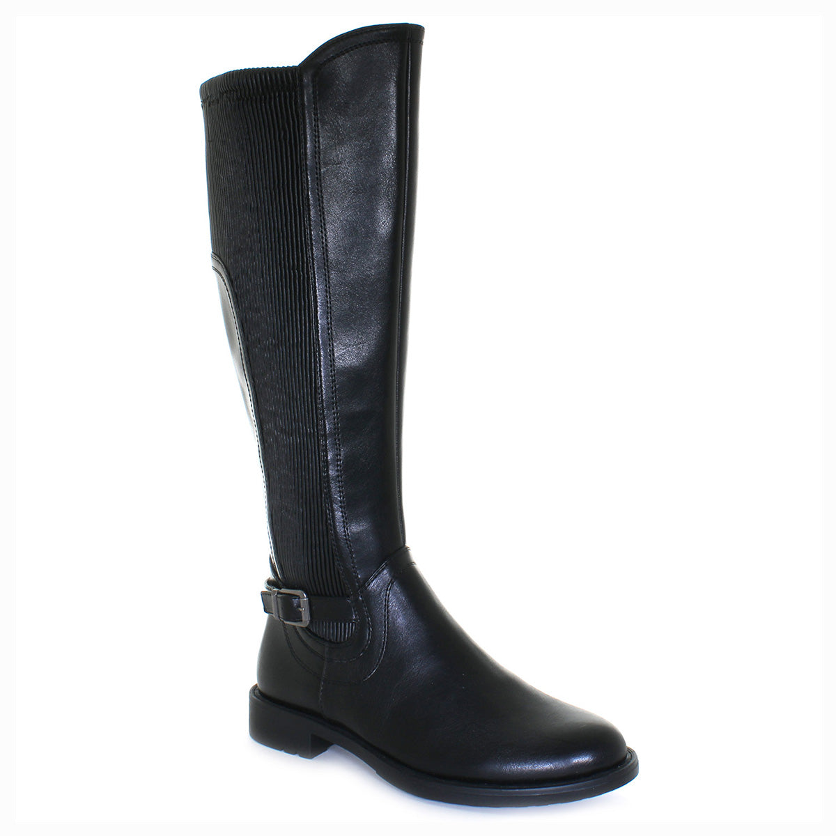 Black tall women’s riding-style boot with waterproof vegan leather, side zipper, buckle accents, and stretchable shaft for a stylish and comfortable fit. Style #T24617-B20