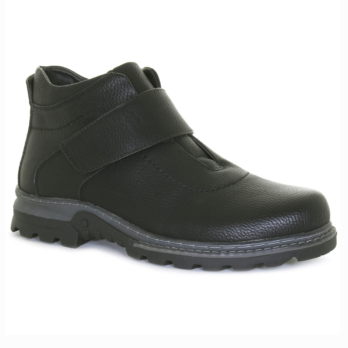 Men’s low-profile black walking boot with waterproof vegan leather, Velcro closure, warm pile lining, and a rugged TPR outsole for reliable winter traction. Style #T19681-B20