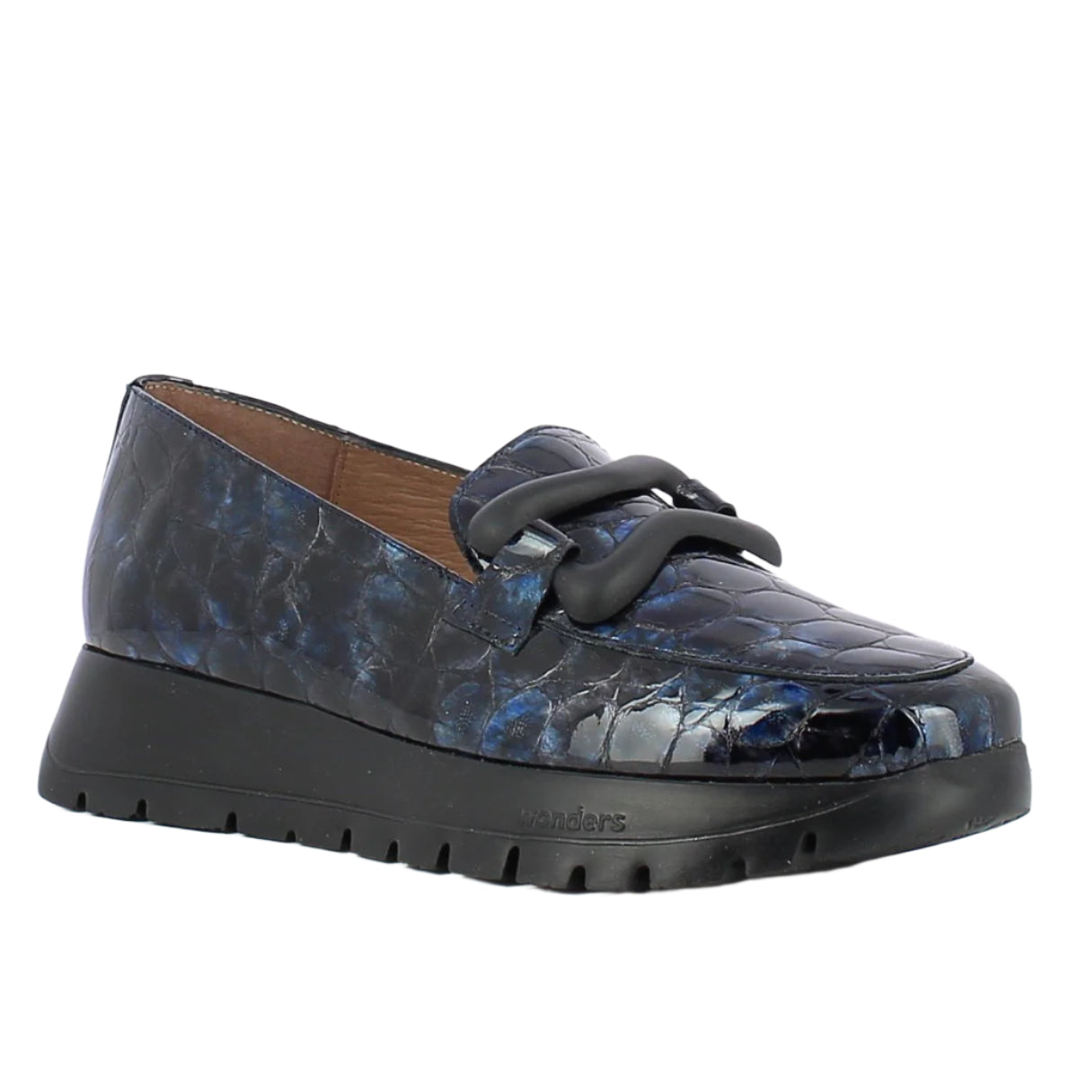 Sleek black leather platform loafer with a chunky sole, polished finish, and elastic side inserts for a secure fit and contemporary flair. Style #A2430-0070