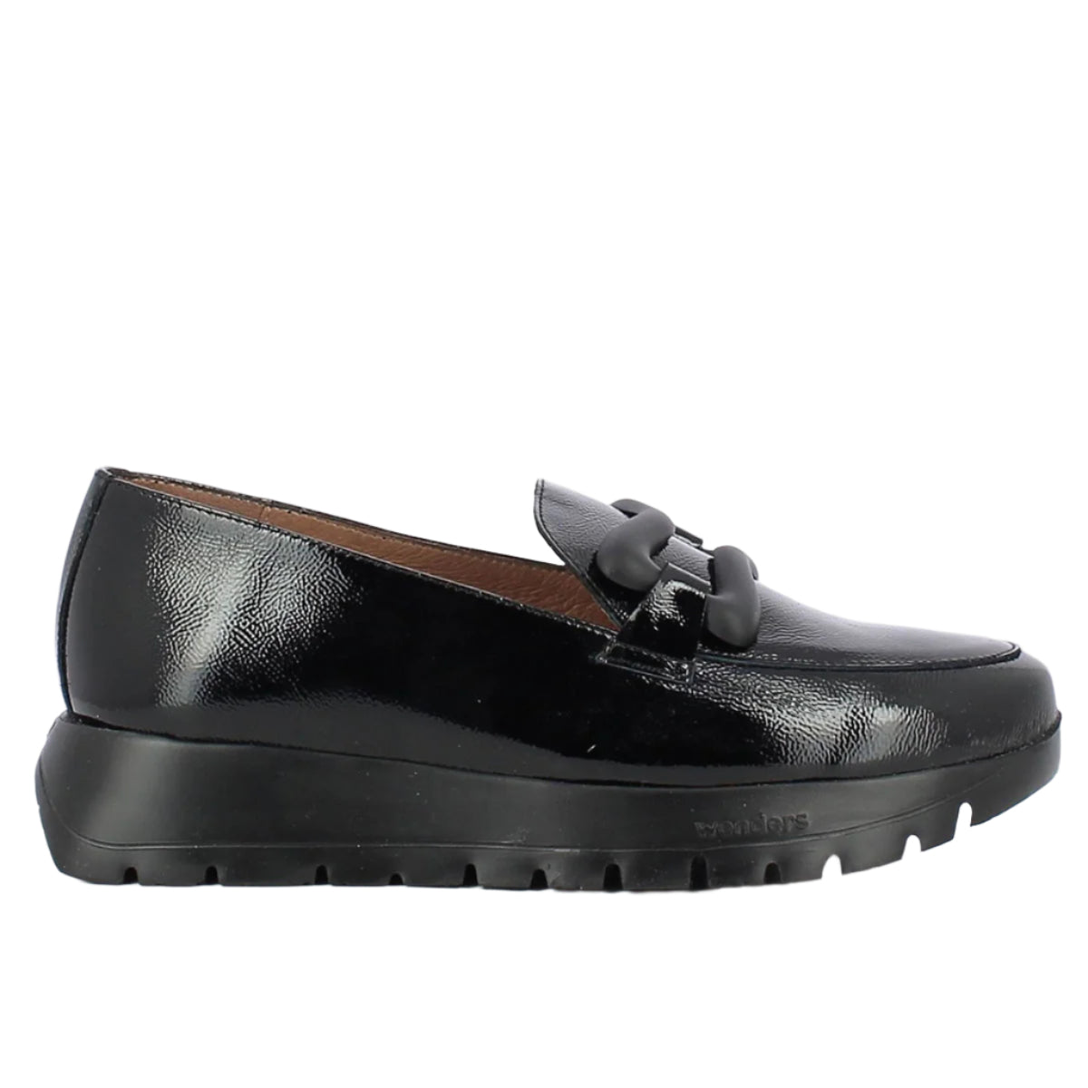 Glossy black patent leather loafer with a thick platform sole, rounded toe, and side elastic panels for easy slip-on wear and elevated style. Style #A2430