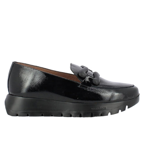 Glossy black patent leather loafer with a thick platform sole, rounded toe, and side elastic panels for easy slip-on wear and elevated style. Style #A2430