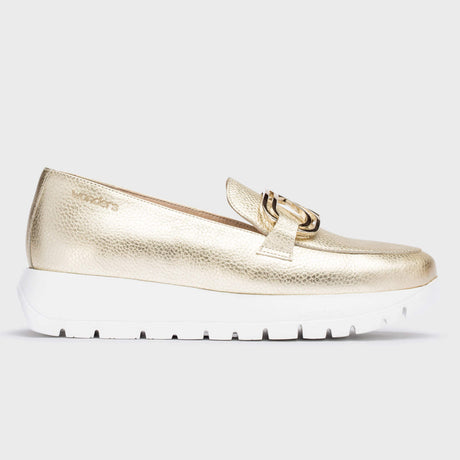 Metallic gold leather loafer with a thick flared platform sole, rounded toe, and elastic side panels for easy slip-on wear and bold modern style. Style #A2462-2235