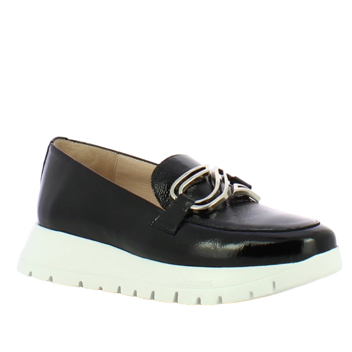 Glossy black patent leather loafer with a sleek metal band across the top, chunky cushioned sole, and modern platform silhouette designed for both style and comfort. Style #A2462-0136