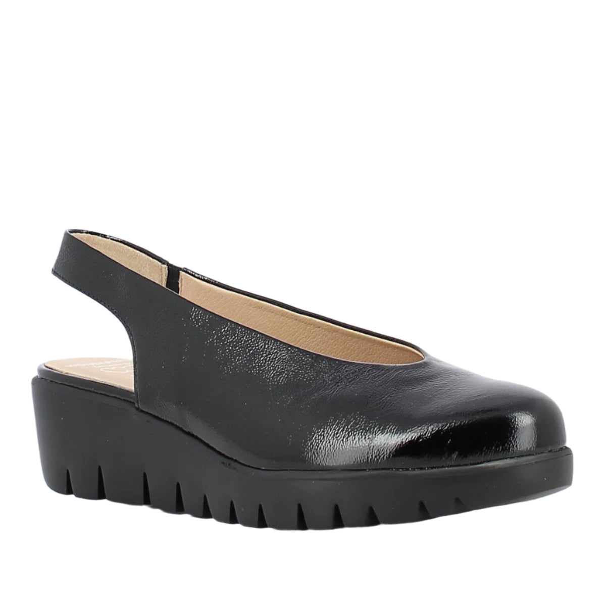 Black patent leather slingback wedge with adjustable strap, sleek pointed toe, and lightweight wedge heel, blending classic style with everyday comfort. Style #33152