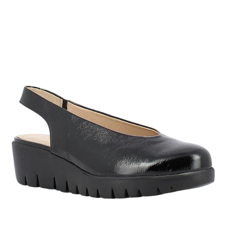 Black patent leather slingback wedge with adjustable strap, sleek pointed toe, and lightweight wedge heel, blending classic style with everyday comfort. Style #33152