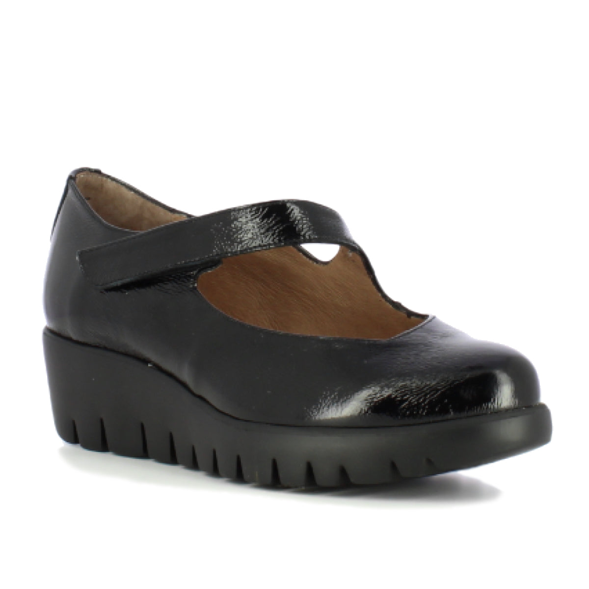 Women's black patent leather wedge Mary Jane shoe with a thick lug sole and hook-and-loop strap. Style # C33326.