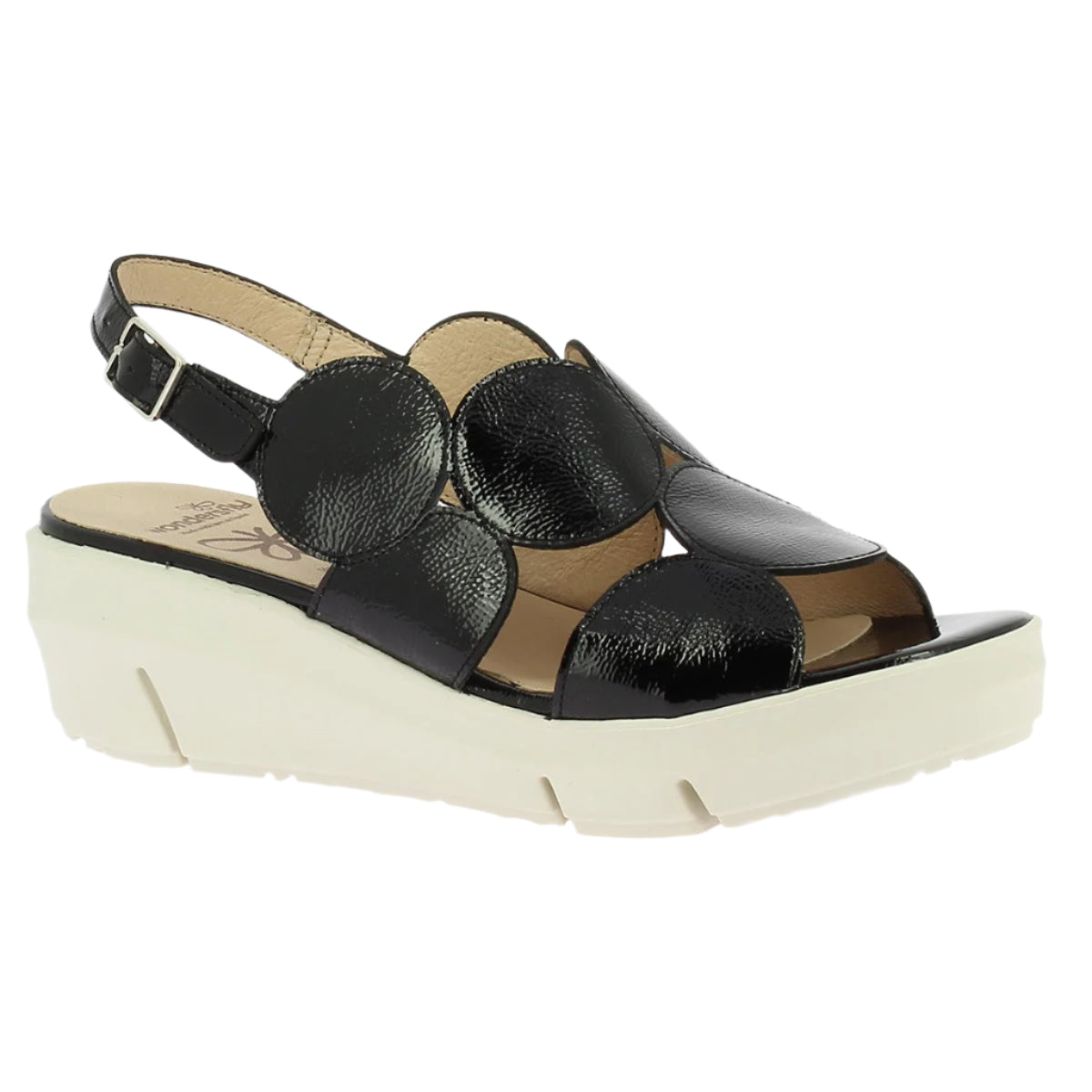 Glossy black patent leather slingback sandal with adjustable strap, softly cushioned footbed, and lightweight wedge heel designed for stylish all-day wear and support. Style #D8210-0015
