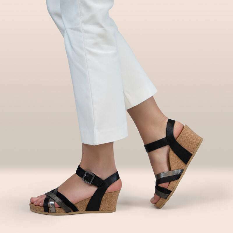 Noelle Arch Support Wedge in black and silver with built in arch support. 