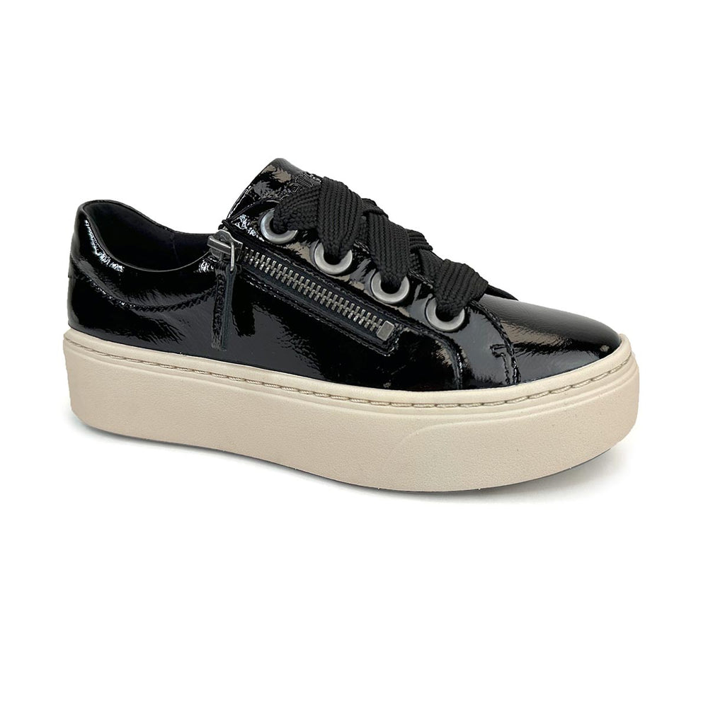 Black patent Aetrex platform sneaker with a beige sole, black laces, and a side zipper, CX150