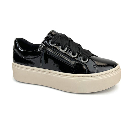 Black patent Aetrex platform sneaker with a beige sole, black laces, and a side zipper, CX150