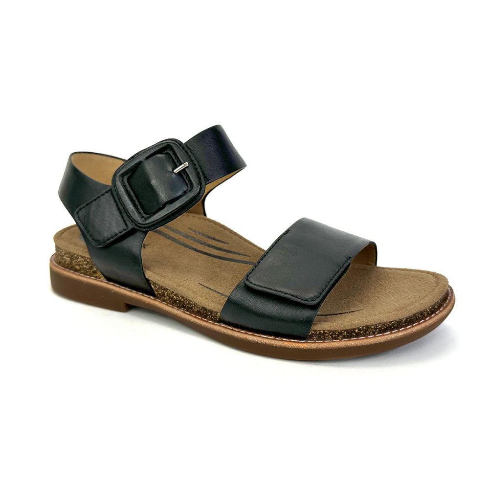 Black leather Aetrex Claire sandal with two adjustable straps across the foot, cushioned arch-supporting footbed, and modest wedged heel, designed for support and warm-weather comfort.