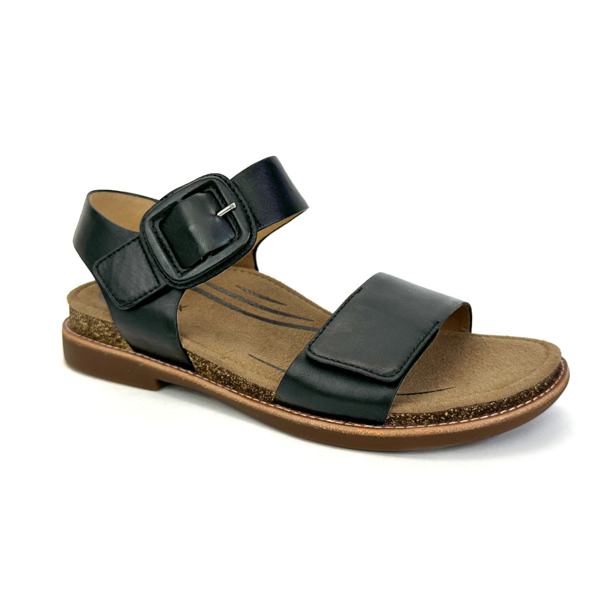 Black leather Aetrex Claire sandal with two adjustable straps across the foot, cushioned arch-supporting footbed, and modest wedged heel, designed for support and warm-weather comfort.