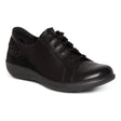 Black genuine leather Aetrex Dana lace-up shoe with clean design, sturdy rubber sole, adjustable laces, and subtle 1.3-inch heel, designed for orthotic comfort and foot support.