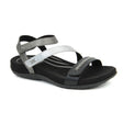 Aetrex Gabby women's sandal in Black Multi featuring three adjustable straps, a low 1.1" heel, and a stylish faux leather upper with a subtle multi-tone design. Ideal for casual wear and warm weather.