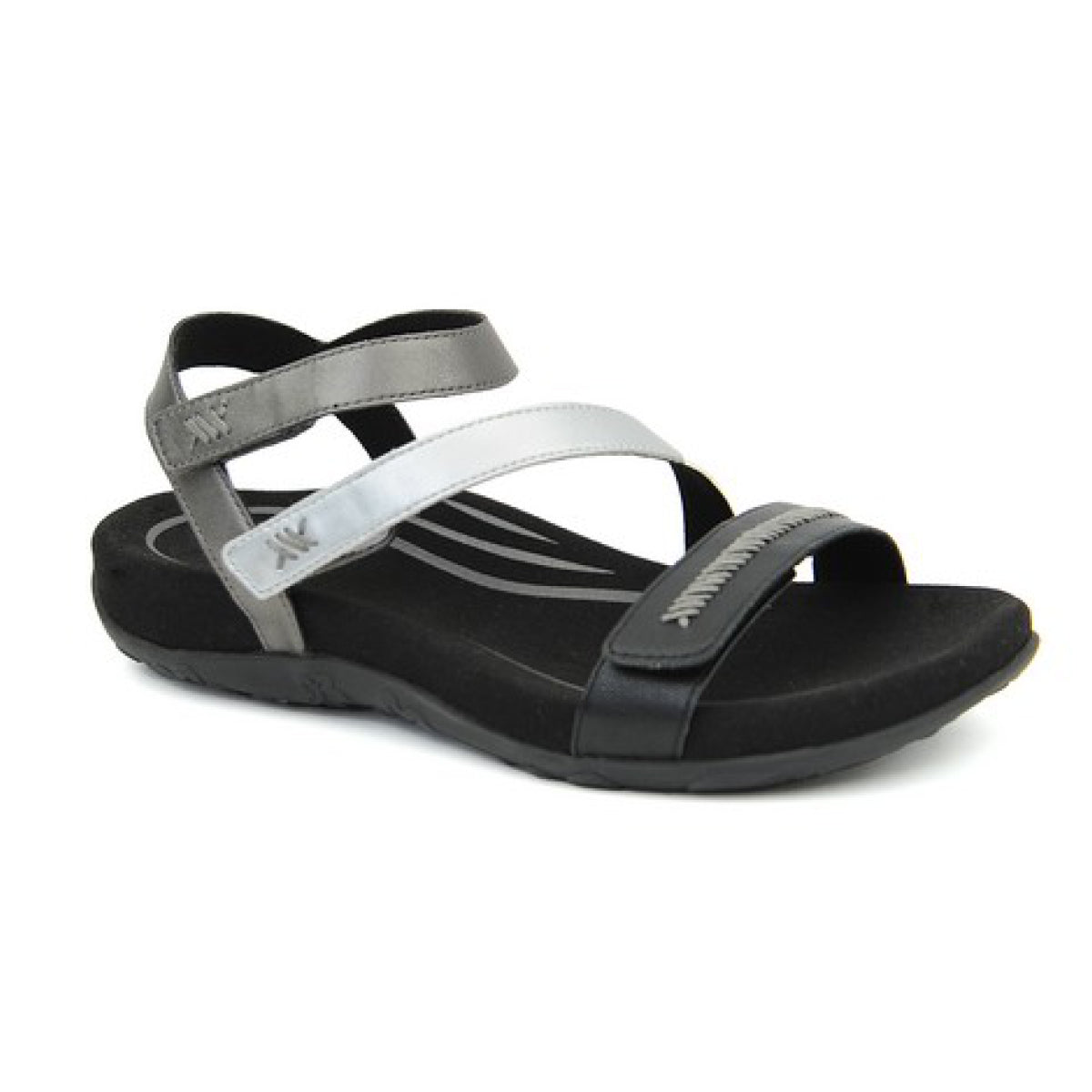 Aetrex Gabby women's sandal in Black Multi featuring three adjustable straps, a low 1.1" heel, and a stylish faux leather upper with a subtle multi-tone design. Ideal for casual wear and warm weather.