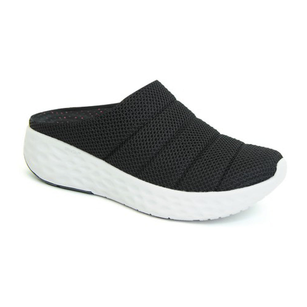 Black mesh athletic sneaker with stretchy gore panels, cushioned removable insoles, 1.1” heel, and rubber pod outsole designed for arch support and all-day comfort.