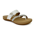 White sparkle faux leather toe thong sandal with adjustable hook and loop strap, contoured memory foam footbed, and built-in orthotic arch support designed for summer comfort and foot pain relief.