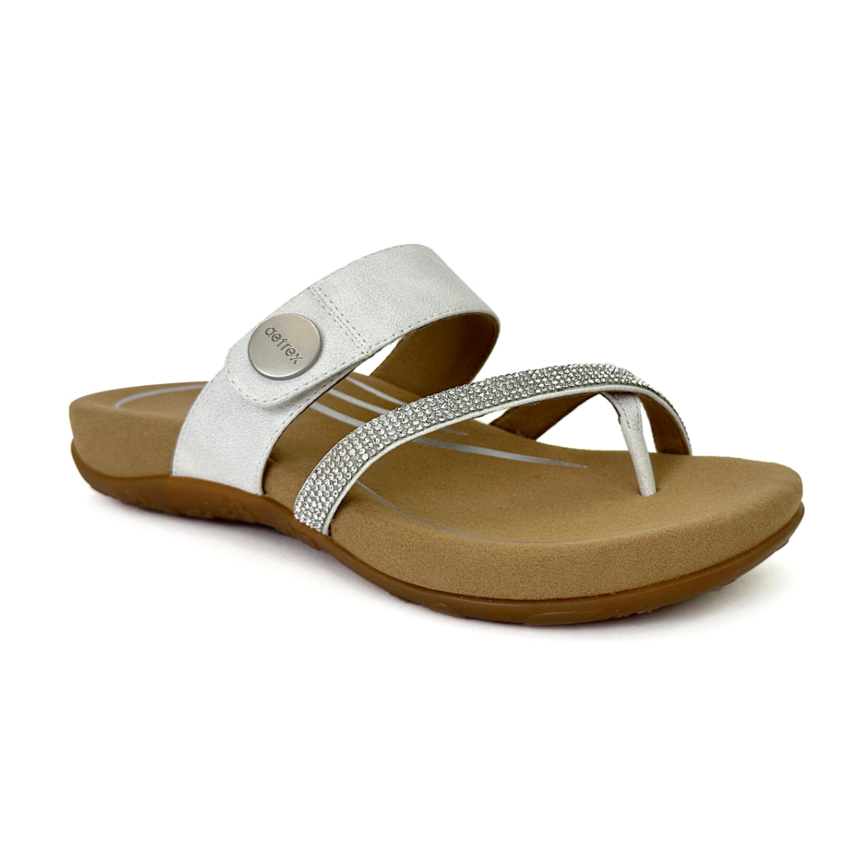 White sparkle faux leather toe thong sandal with adjustable hook and loop strap, contoured memory foam footbed, and built-in orthotic arch support designed for summer comfort and foot pain relief.