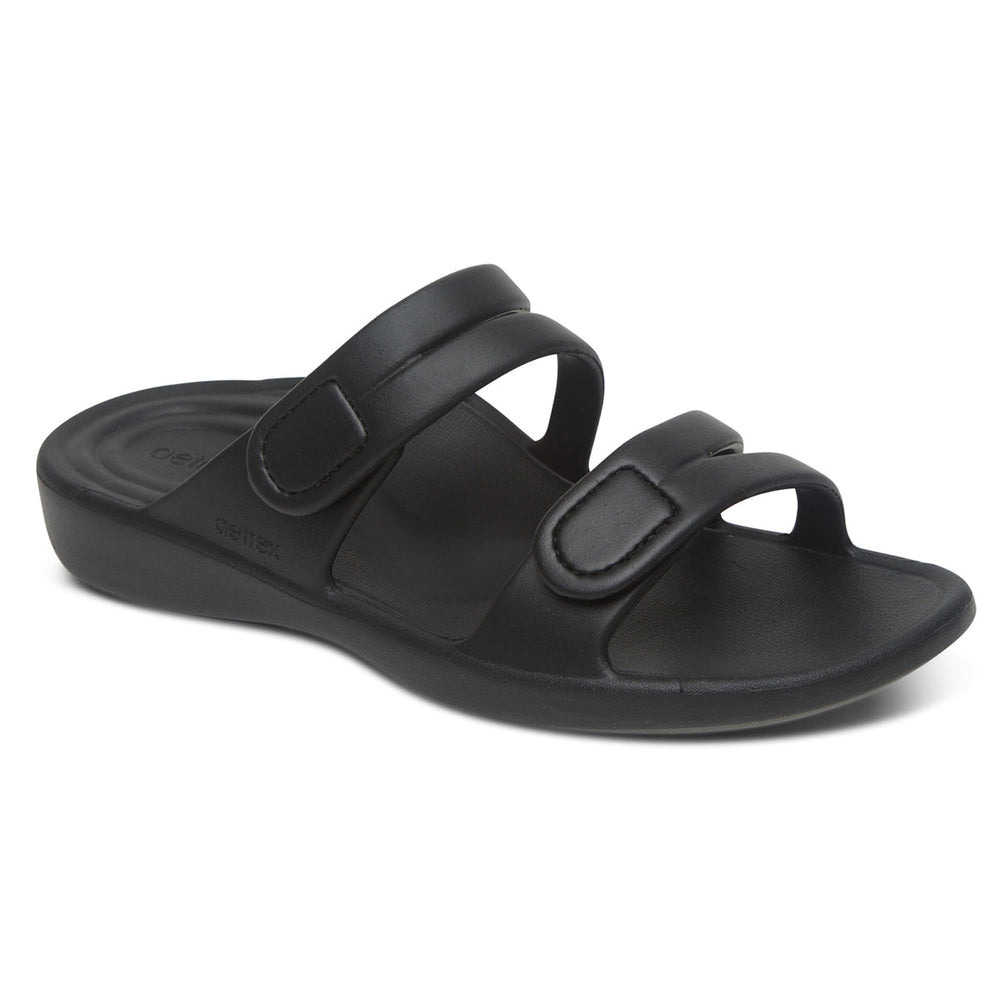 Black water-friendly sandal with two adjustable hook and loop straps, lightweight EVA sole, built-in arch support, and cushioned footbed for active summer comfort.