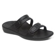 Black water-friendly sandal with two adjustable hook and loop straps, lightweight EVA sole, built-in arch support, and cushioned footbed for active summer comfort.