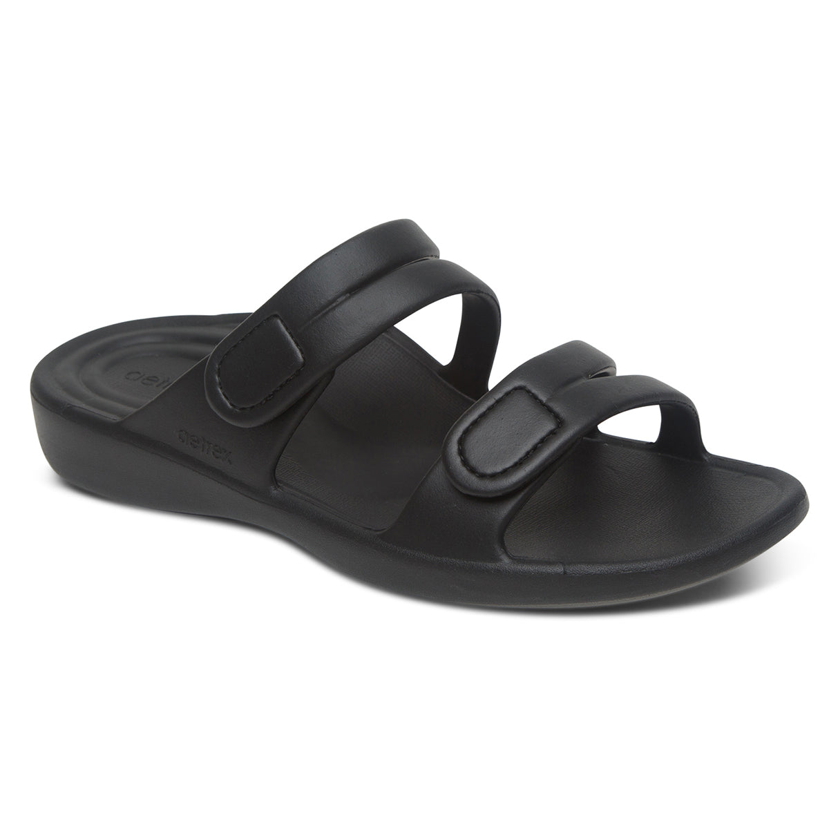 Black water-friendly sandal with two adjustable hook and loop straps, lightweight EVA sole, built-in arch support, and cushioned footbed for active summer comfort.