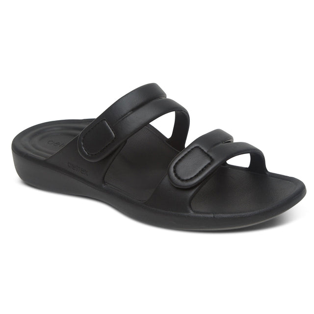 Black water-friendly sandal with two adjustable hook and loop straps, lightweight EVA sole, built-in arch support, and cushioned footbed for active summer comfort.