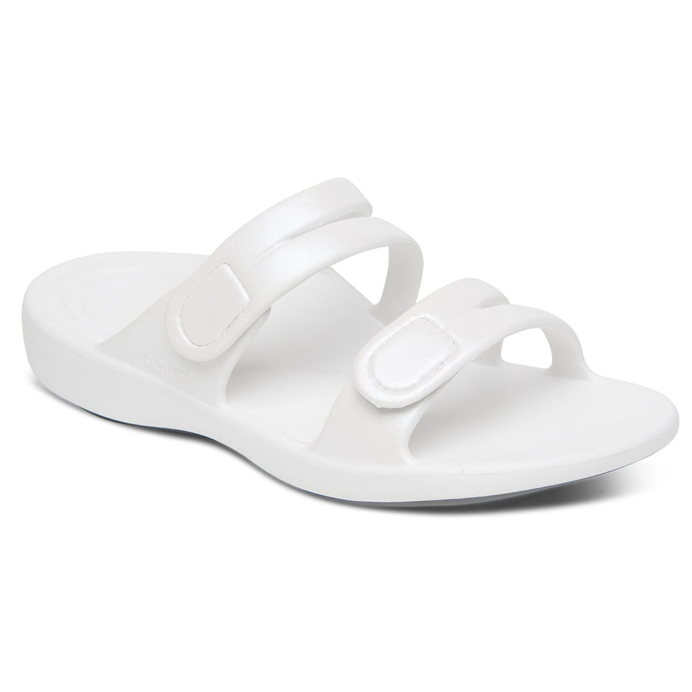 White water-friendly sandal with cushioned UltraSky™ sole, two adjustable hook and loop straps, built-in arch support, and contoured heel cradle for pain relief and all-day comfort.
