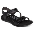 Black sandal with two fully adjustable hook and loop straps, contoured cushioned footbed, built-in arch support, and a lightweight rubber outsole for everyday comfort and pain relief.
