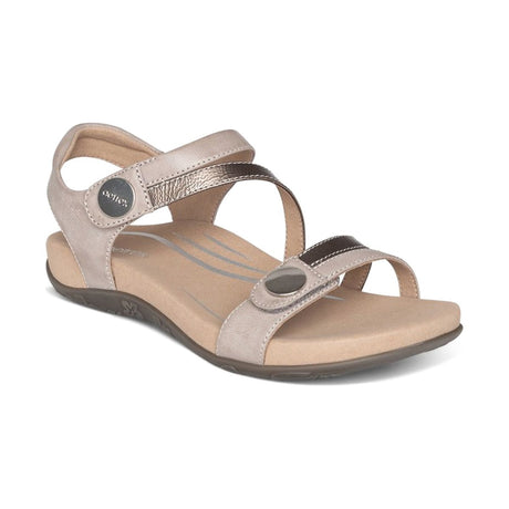 Smoke grey faux leather sandal with two adjustable straps, padded ankle collar, cushioned memory foam footbed, and built-in arch support for all-day relief and comfort.