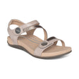Smoke grey faux leather sandal with two adjustable straps, padded ankle collar, cushioned memory foam footbed, and built-in arch support for all-day relief and comfort.