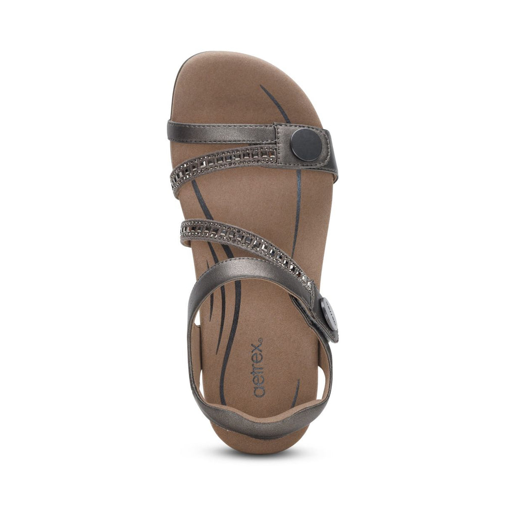 Aetrex Jess Women's Adjustable Quarter Strap Sandal – Pewter Sparkle