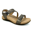 Sparkly pewter sandal with two adjustable straps, cushioned memory foam footbed, built-in orthotic arch support, and durable rubber outsole designed for stylish all-day comfort and pain relief.