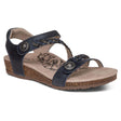 Aetrex Jillian navy leather quarter strap sandal with braided details, cork wedge, and ornate medallions. Style # SC461