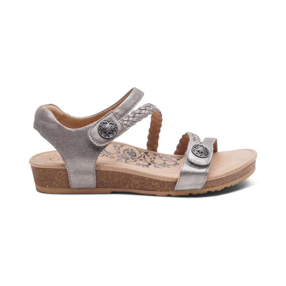 Aetrex Jillian Women's Braided Quarter Strap Sandal – Brushed Silver