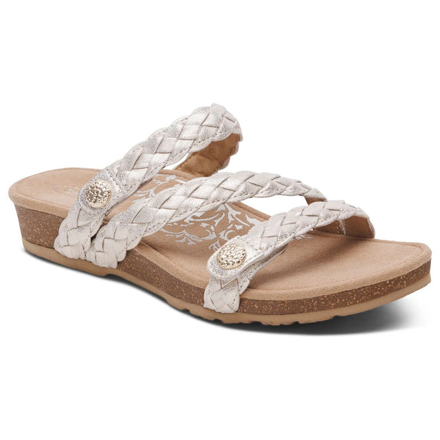 Champagne women's Aetrex Josie adjustable braided leather slide sandal with cork midsole and adjustable strap. Style #: SC221.